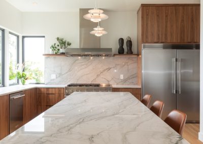 Kitchen with marble backsplash, Piper residence