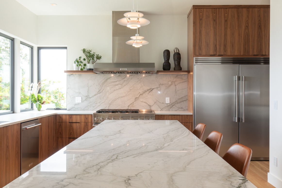 Kitchen with marble backsplash, Piper residence